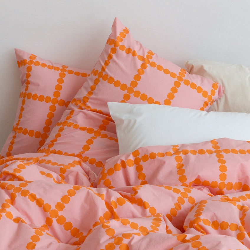 BLOSSOM CHECK CORAL DUVET COVER