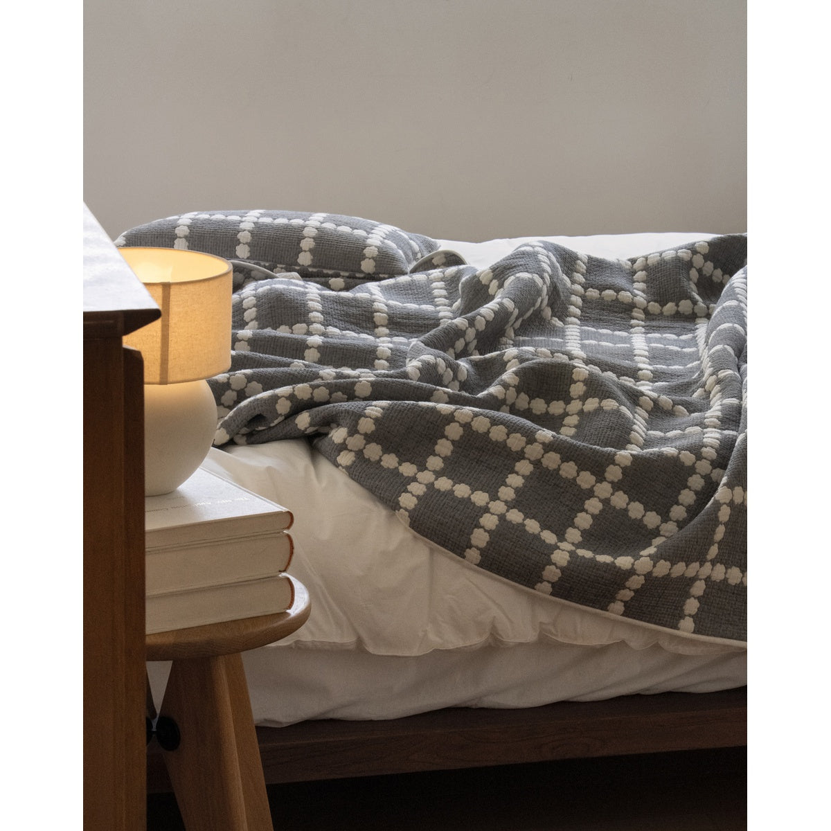 BLOSSOM CHECK COTTON MODAL BLANKET - WARMGREY